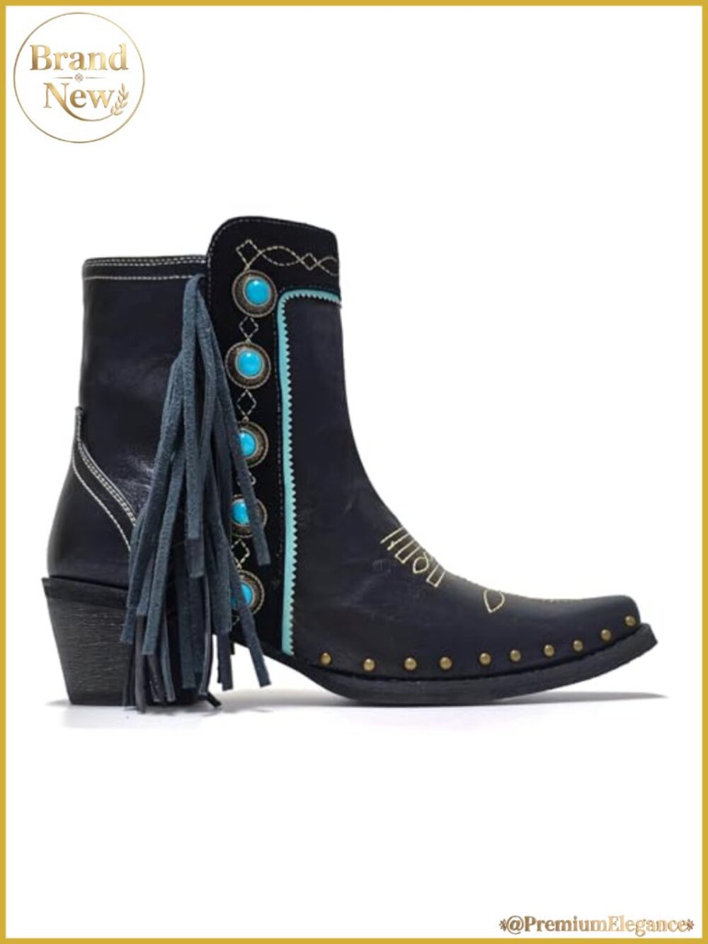 Western Fringe Ankle Booties Studded Turquoise Stones Cowboy Boots